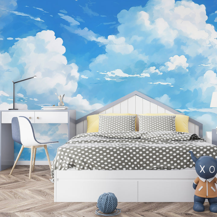 Blue Sky with Cloud Removable Peel and Stick Wallpaper, Wallpaper for Boys, Boys Room Wallpaper, Boy Nursery Wallpaper, Kids Wallpaper