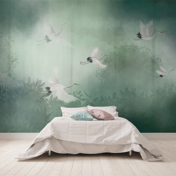 Green crane bird chinoiserie wallpaper, vintage crane bird wall mural, peel and stick, removable wallpaper