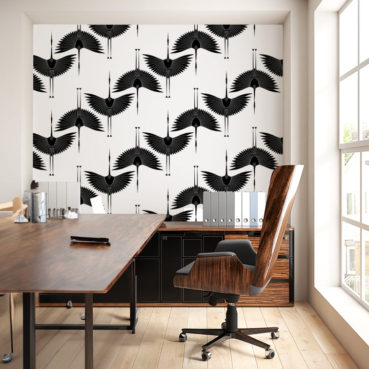 Black and white minimalist crane wallpaper featuring a bold geometric bird pattern on a white background.