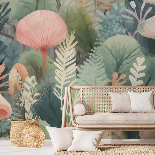 Nature-inspired wallpaper with watercolor-style leaves and mushrooms in a forest scene.