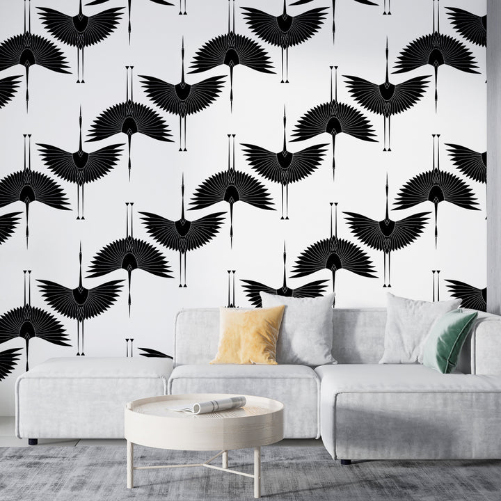 Black and white minimalist crane wallpaper featuring a bold geometric bird pattern on a white background.