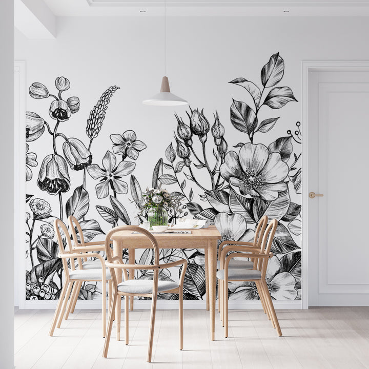 black and white floral wallpaper, black and white flower peel and stick wallpaper, floral wallpaper, nursery floral wallpaper, removable, pre-pasted, peel and stick removable wallpaper