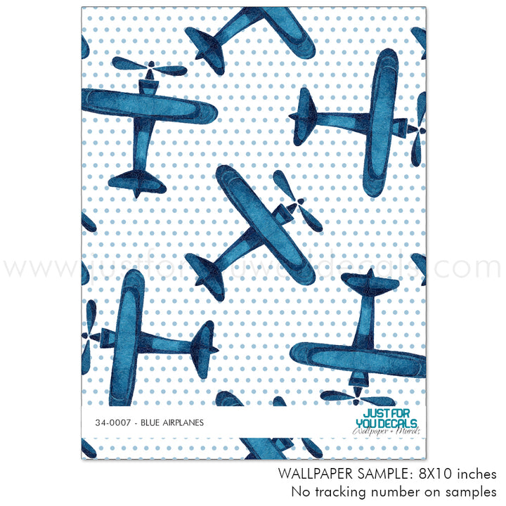 blue airplane plane peel and stick wallpaper, boys room wallpaper peel and stick, airplane wallpaper on polka dot background wallpaper for kids room