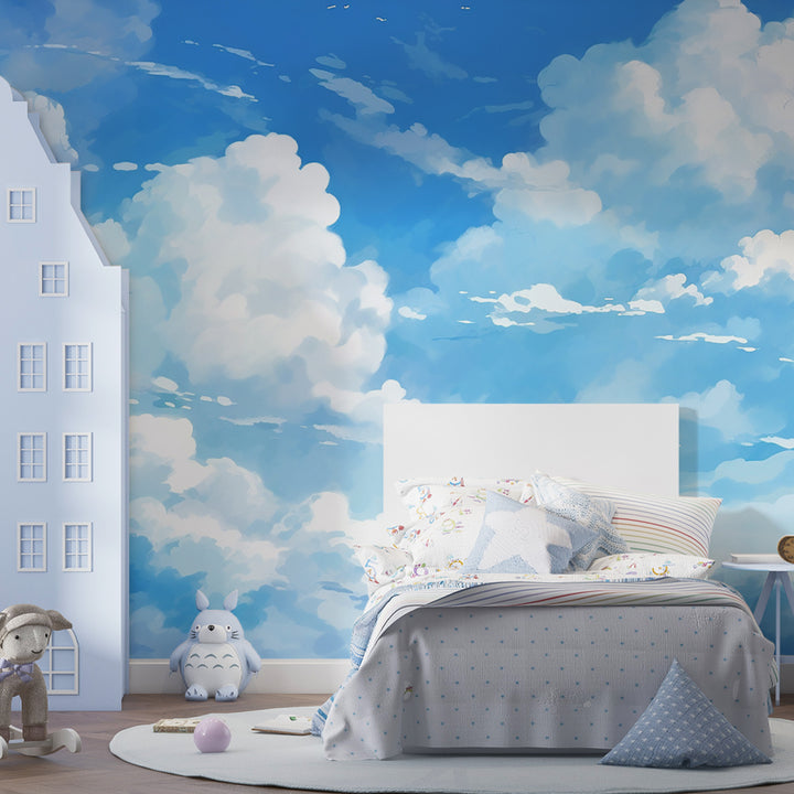 Blue Sky with Cloud Removable Peel and Stick Wallpaper, Wallpaper for Boys, Boys Room Wallpaper, Boy Nursery Wallpaper, Kids Wallpaper