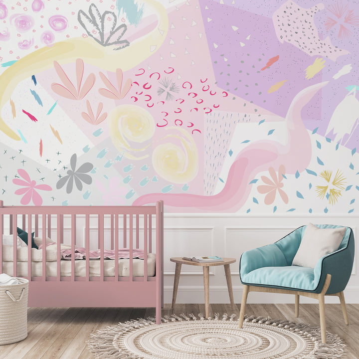 Abstract pastel floral wallpaper with pink, yellow, lavender, and soft gray tones, featuring whimsical patterns and shapes in a peel-and-stick design.