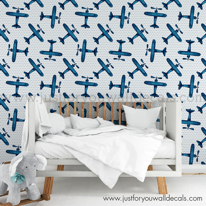 blue airplane plane peel and stick wallpaper, boys room wallpaper peel and stick, airplane wallpaper on polka dot background wallpaper for kids room