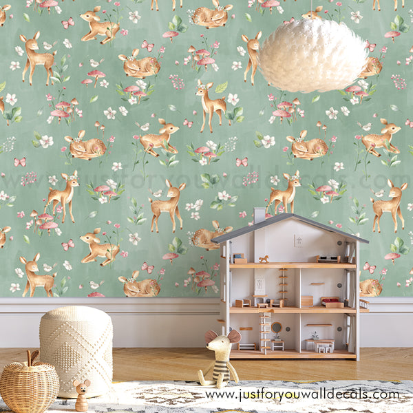 woodland animal nursery wallpaper, baby girl nursery wallpaper, deer wallpaper, vintage animal floral wallpaper, peel and stick wallpaper, removable wallpaper