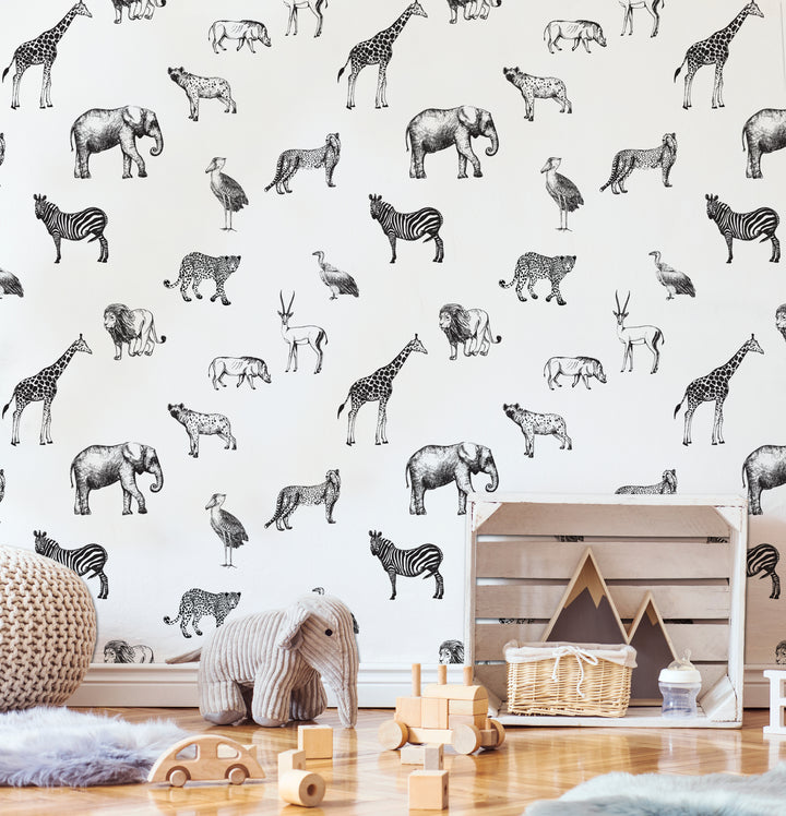 Black and white nursery safari animal wallpaper peel and stick removable, kids wallpaper