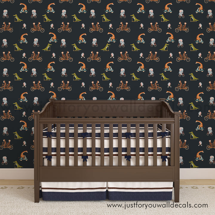 Giraffe Monkey Alligator Animals on bikes wallpaper, baby boy nursery wallpaper peel and stick removable