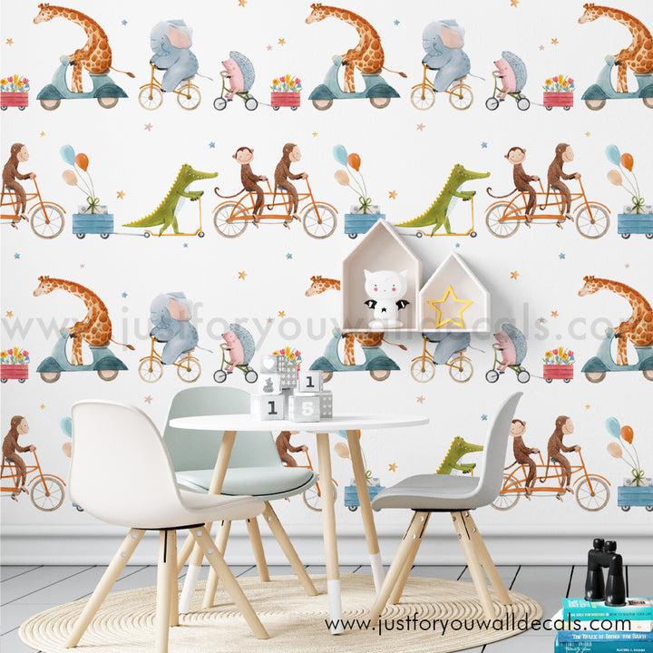 Giraffe Monkey Alligator Animals on bikes wallpaper, baby boy nursery wallpaper peel and stick removable