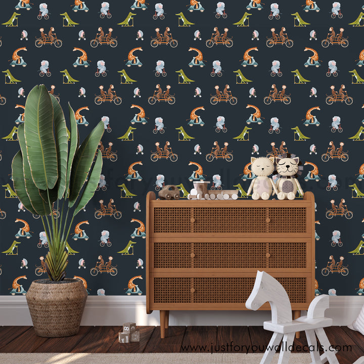 Giraffe Monkey Alligator Animals on bikes wallpaper, baby boy nursery wallpaper peel and stick removable