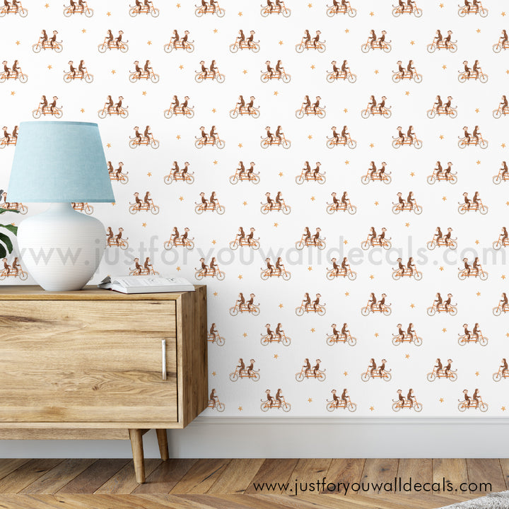 Monkeys on bikes wallpaper, baby boy nursery wallpaper peel and stick removable