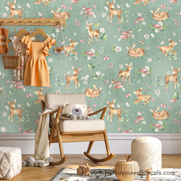 woodland animal nursery wallpaper, baby girl nursery wallpaper, deer wallpaper, vintage animal floral wallpaper, peel and stick wallpaper, removable wallpaper