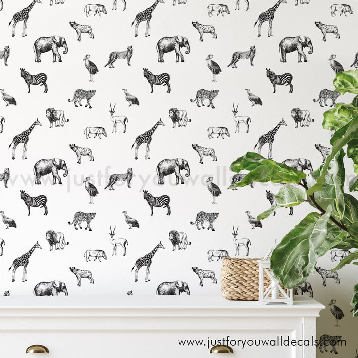 Black and white nursery safari animal wallpaper peel and stick removable, kids wallpaper