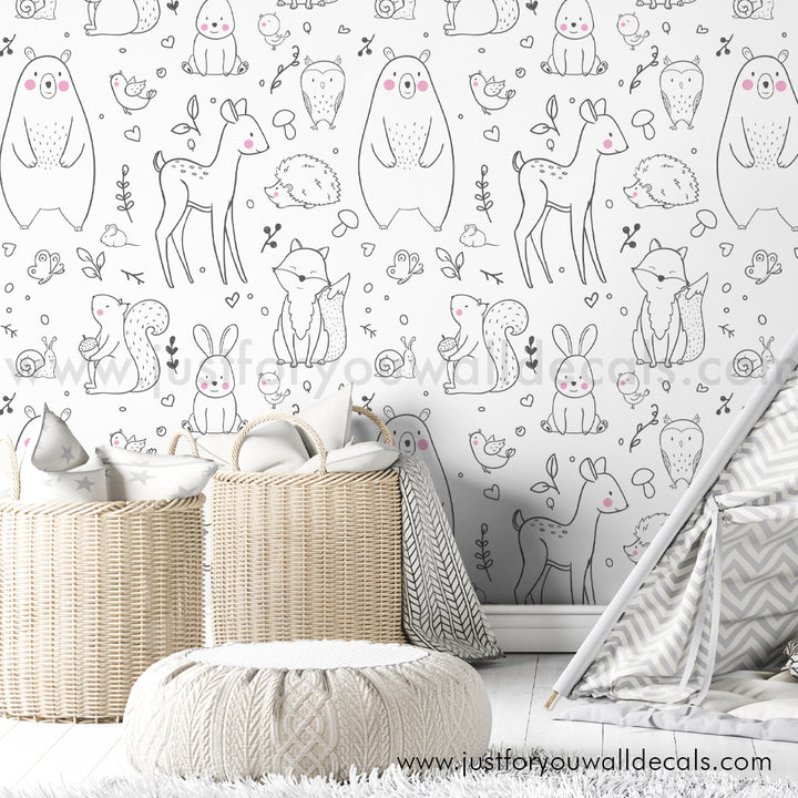 Baby Boy nursery woodland animal wallpaper peel and stick removable, kids wallpaper