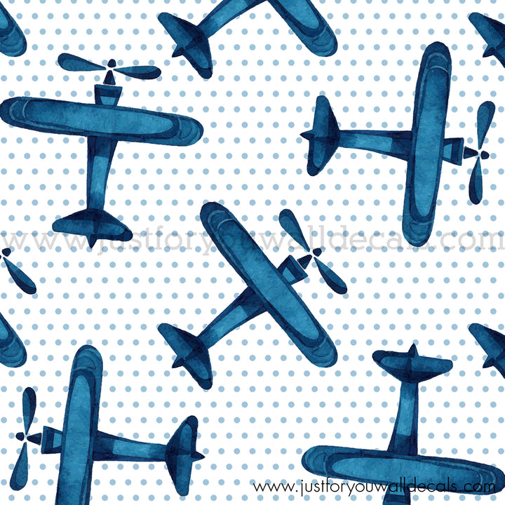 blue airplane plane peel and stick wallpaper, boys room wallpaper peel and stick, airplane wallpaper on polka dot background wallpaper for kids room