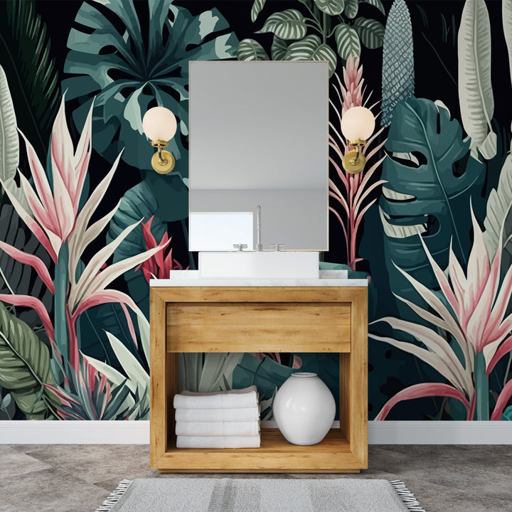 A bold tropical wallpaper featuring lush green leaves and pink tropical flowers on a black background, perfect for creating a vibrant and stylish interior