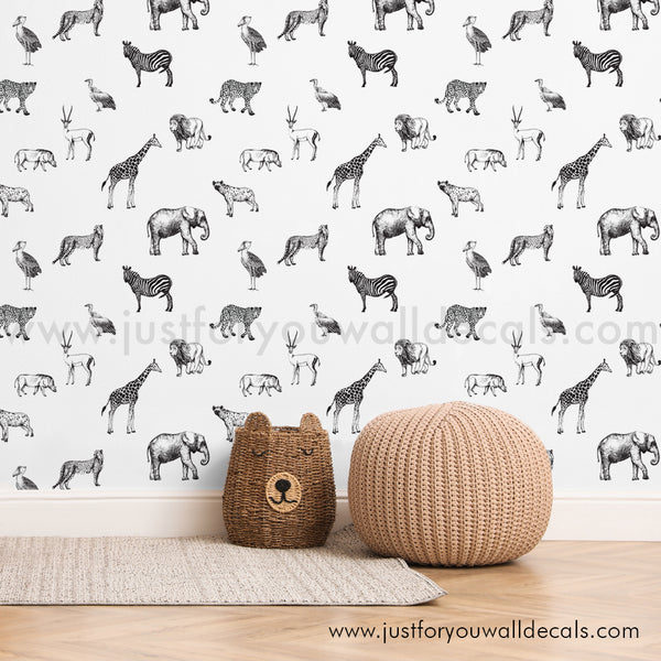 Black and white nursery safari animal wallpaper peel and stick removable, kids wallpaper