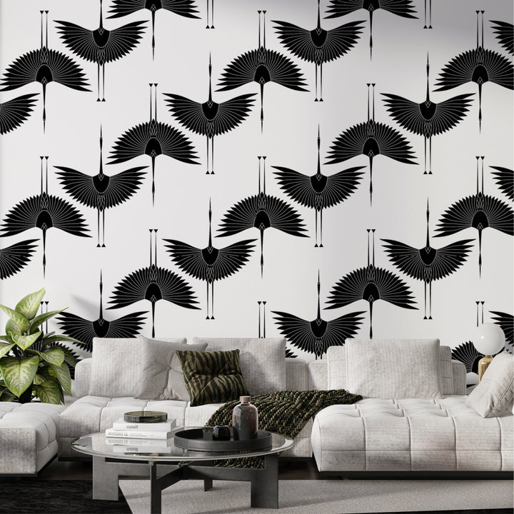 Black and White Heron Bird Wallpaper, Geometric Bird Removable Wallpaper, Crane Peel and Stick Wallpaper, Chinese Birds Wall Mural