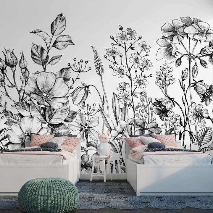 black and white floral wallpaper, black and white flower peel and stick wallpaper, floral wallpaper, nursery floral wallpaper, removable, pre-pasted, peel and stick removable wallpaper