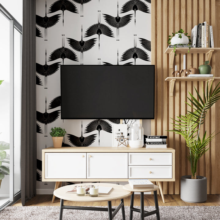 Black and White Heron Wallpaper, Removable, Peel and Stick, Chinese Birds Wall Mural, Asian Crane Bird Wallpaper, Geometric