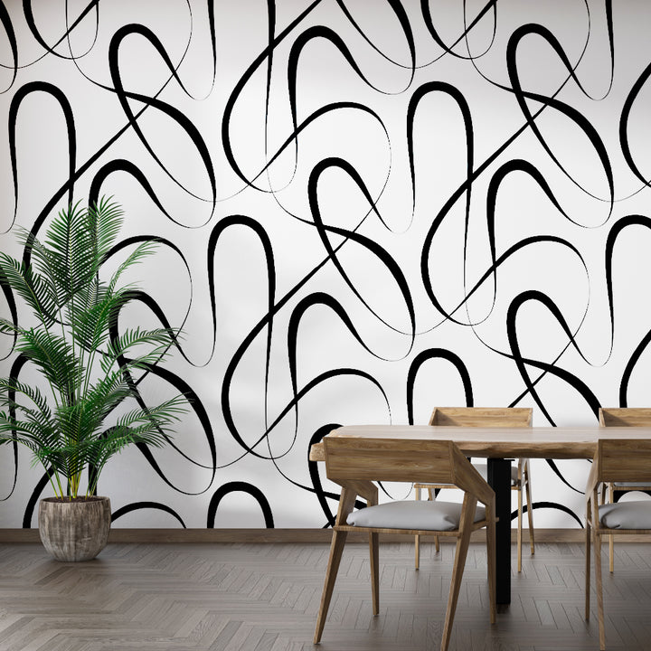 Minimalist black abstract line art on a white backdrop, creating a striking and elegant wallpaper design for stylish interiors.