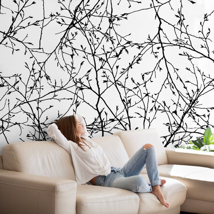 Black and White Tree Branch Wall Mural peel and stick removable wallpaper