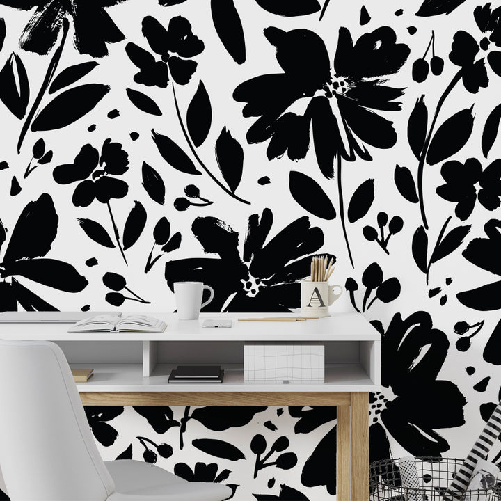 black and white peel and stick floral wallpaper