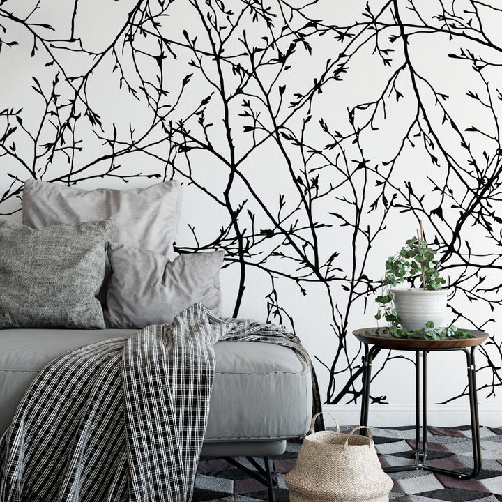 Black and White Tree Branch Wall Mural peel and stick removable wallpaper