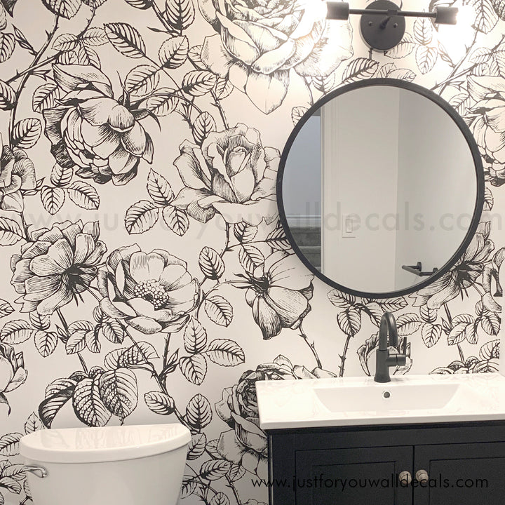 bathroom black and white floral wallpaper