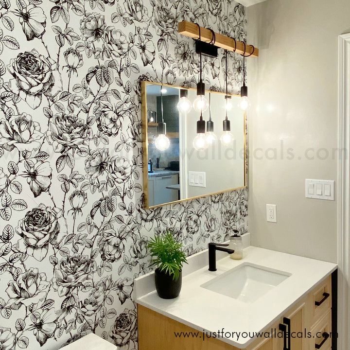 bathroom black and white floral wallpaper