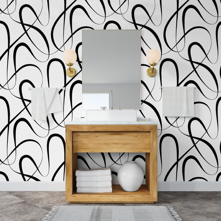 Minimalist black abstract line art on a white backdrop, creating a striking and elegant wallpaper design for stylish interiors.