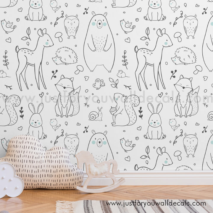 Baby Boy nursery woodland animal wallpaper peel and stick removable, kids wallpaper