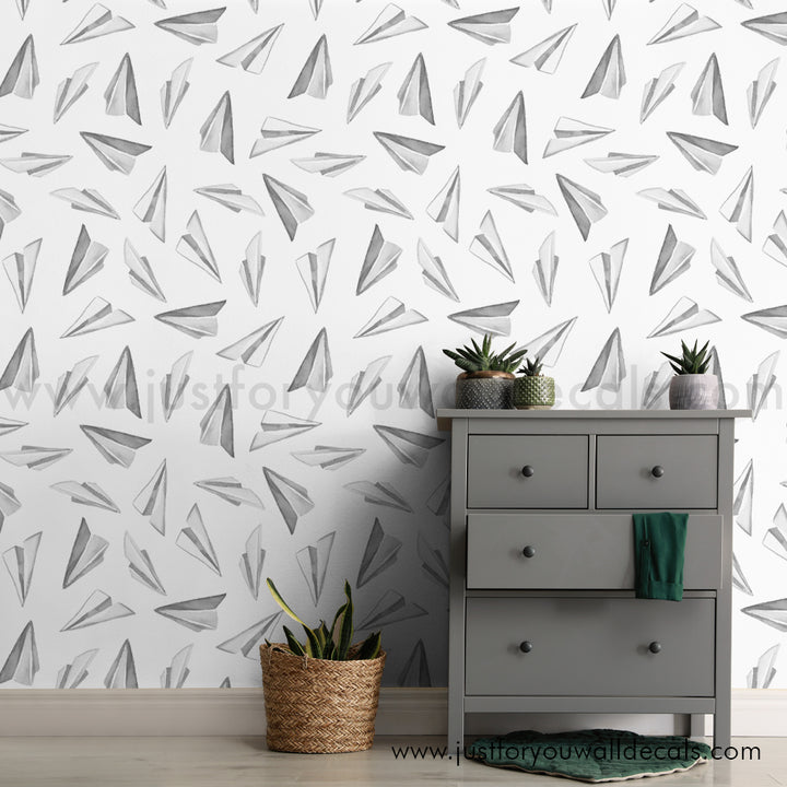 Black and white paper airplane peel and stick wallpaper removable, kids wallpaper