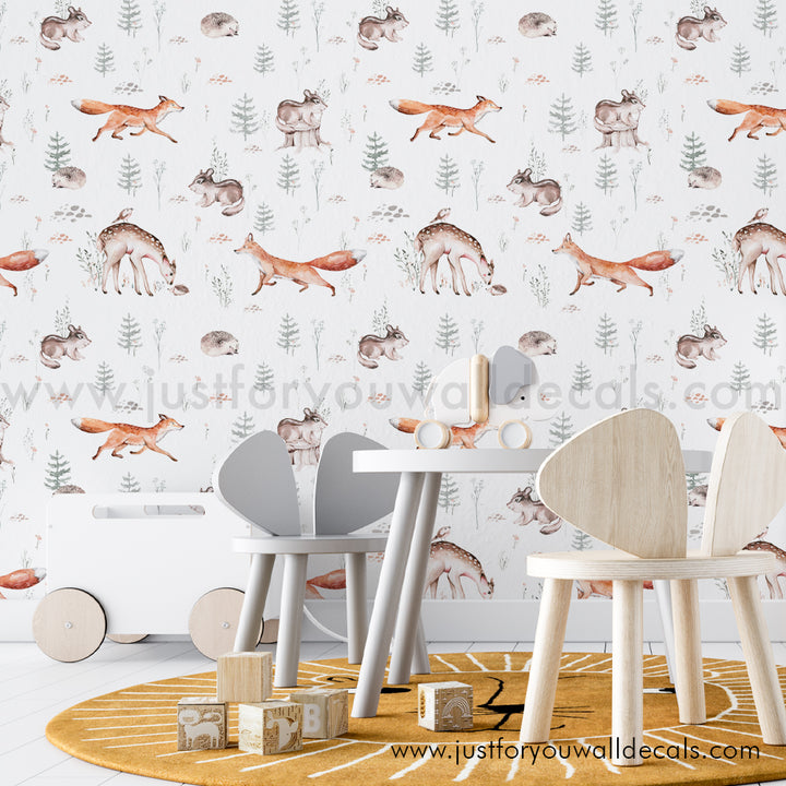 Woodland animal wallpaper, baby boy nursery wallpaper peel and stick removable, fox deer nursery wallpaper