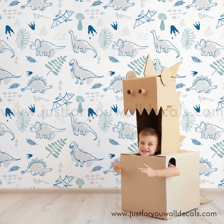 Dinosaur baby boy nursery wallpaper peel and stick removable, kids wallpaper