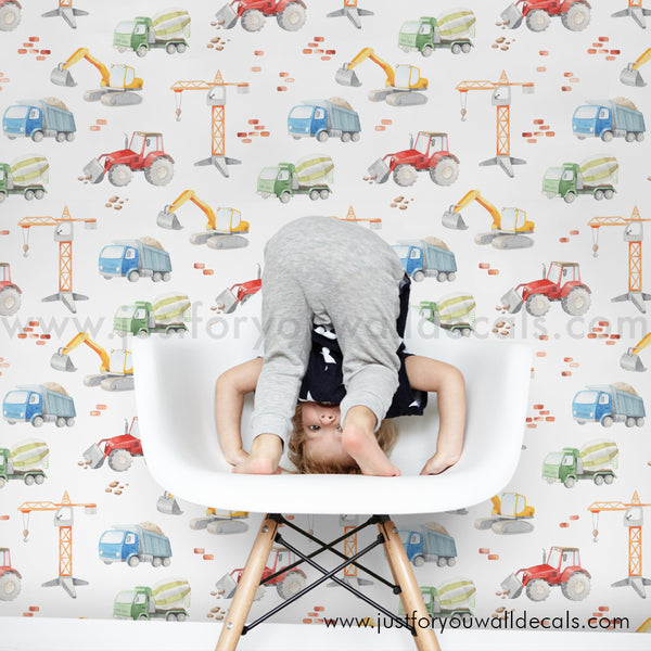 Truck construction boys wallpaper peel and stick, boys nursery peel and stick. Removable wallpaper