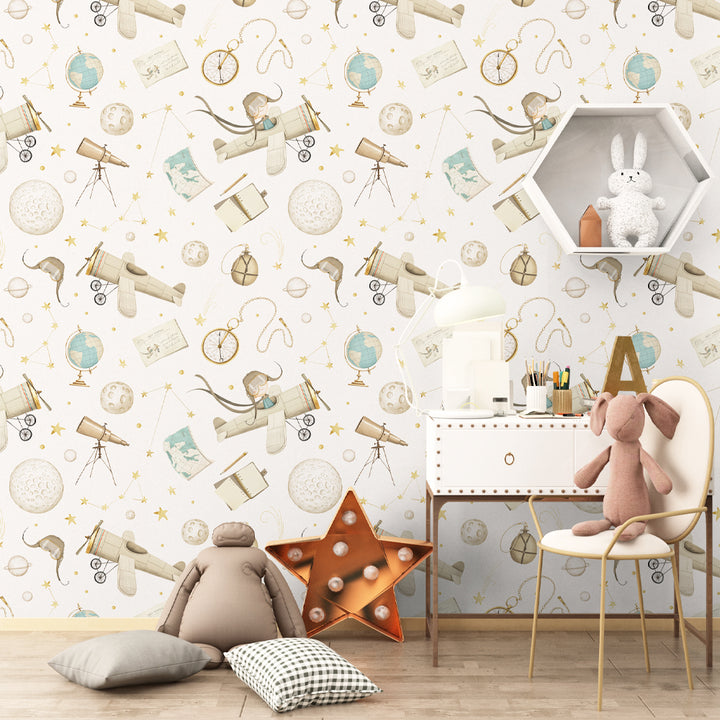 travel inspired peel and stick nursery wallpaper, travel wallpaper for boys, travel wallpaper nursery