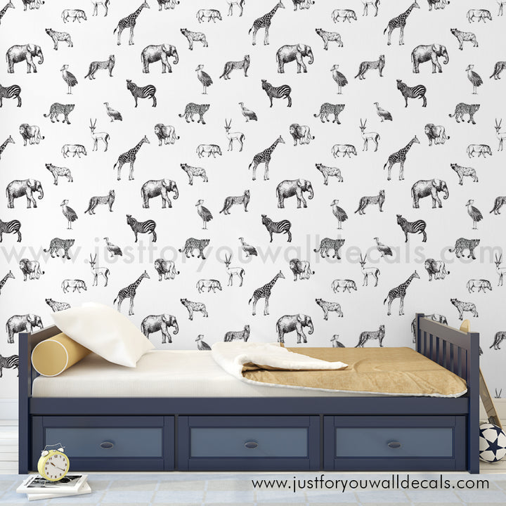 Black and white nursery safari animal wallpaper peel and stick removable, kids wallpaper