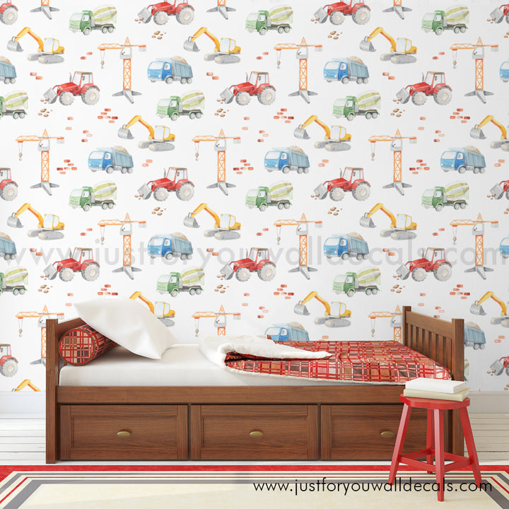 Truck construction boys wallpaper peel and stick, boys nursery peel and stick. Removable wallpaper