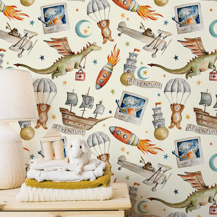 Adventure Dragon Space Castle Rocket Boys Room Peel and Stick Wallpaper