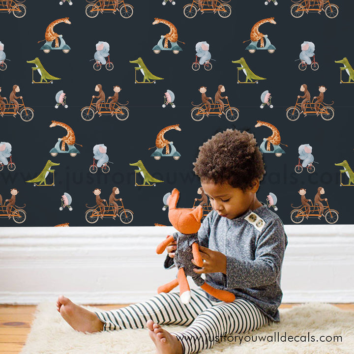 Giraffe Monkey Alligator Animals on bikes wallpaper, baby boy nursery wallpaper peel and stick removable