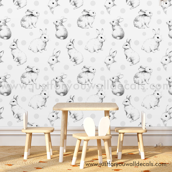 Rabbit Bunny nursery wallpaper peel and stick removable, kids wallpaper