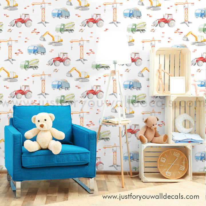 Truck construction boys wallpaper peel and stick, boys nursery peel and stick. Removable wallpaper