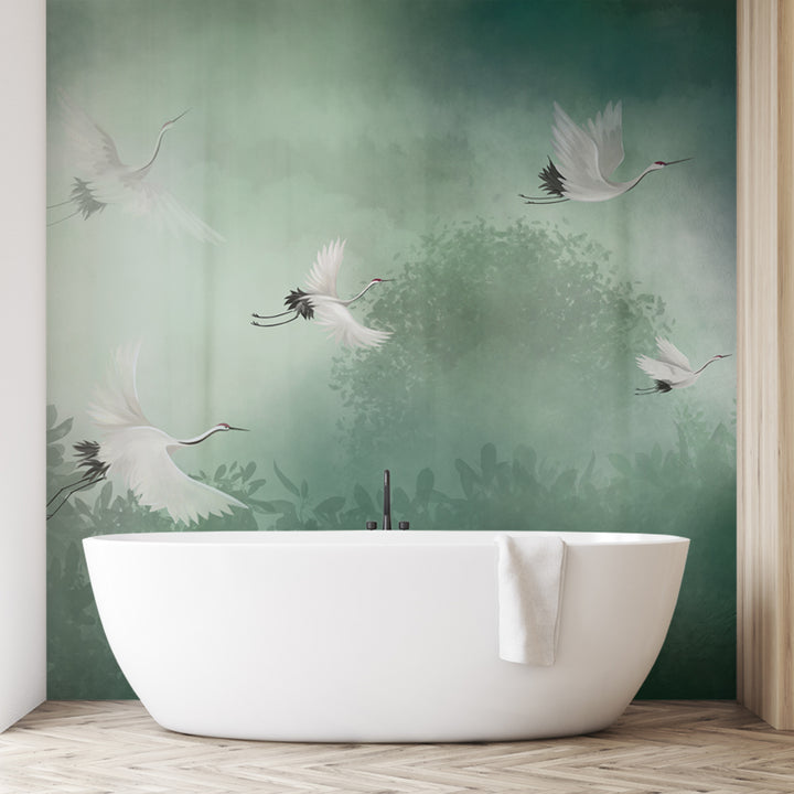 Green crane bird chinoiserie wallpaper, vintage crane bird wall mural, peel and stick, removable wallpaper