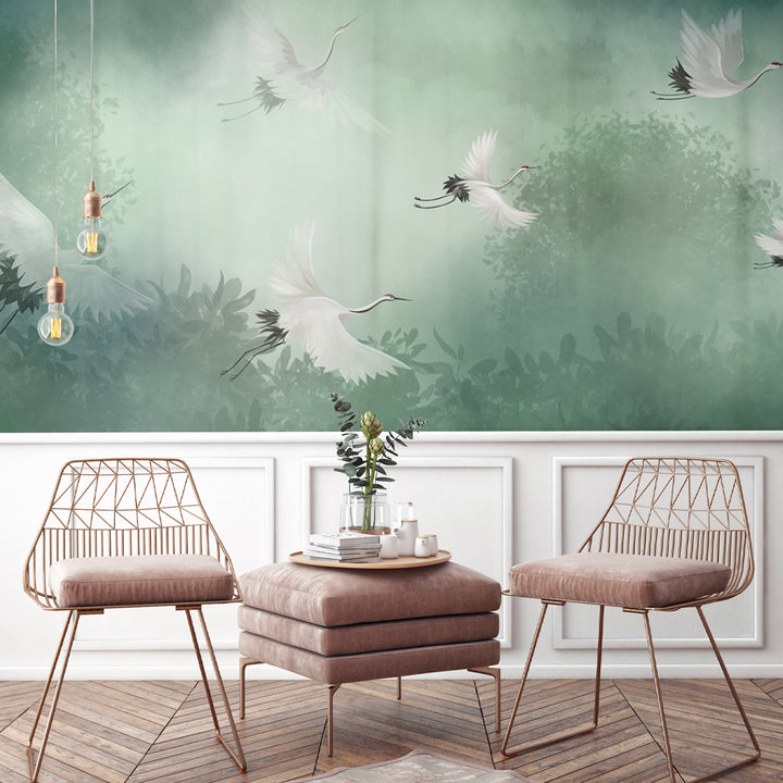 Green crane bird chinoiserie wallpaper, vintage crane bird wall mural, peel and stick, removable wallpaper