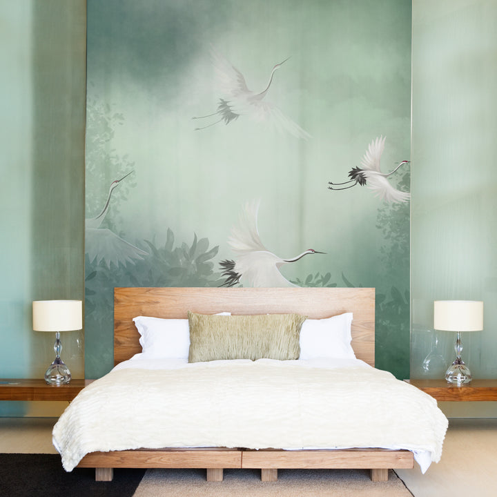 Green crane bird chinoiserie wallpaper, vintage crane bird wall mural, peel and stick, removable wallpaper