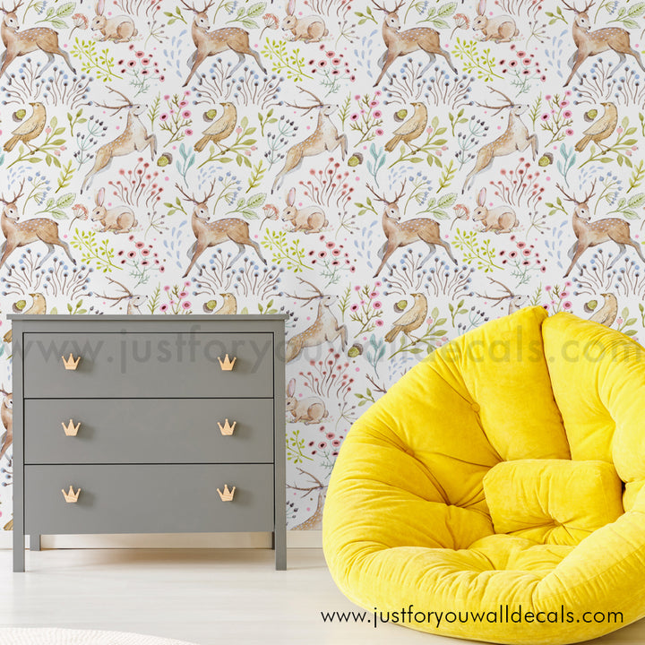 Woodland animal wallpaper, baby boy nursery wallpaper peel and stick removable, fox deer forest bird rabbit nursery wallpaper