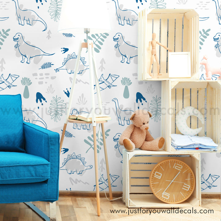 Dinosaur baby boy nursery wallpaper peel and stick removable, kids wallpaper