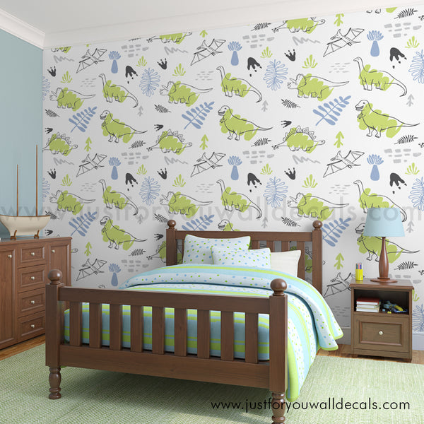 Dinosaur baby boy nursery wallpaper peel and stick removable, kids wallpaper